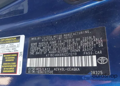 2008 Toyota Camry Xle from USA, damaged, VIN 4T1BE46K68U231219